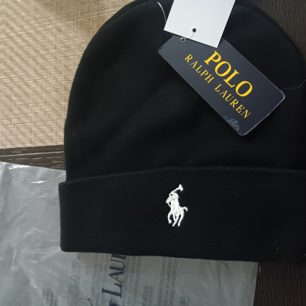 Ralph Lauren Black Knit Beanie with White Pony